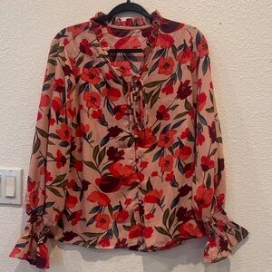 Floral Ruffle Blouse - Red and Black